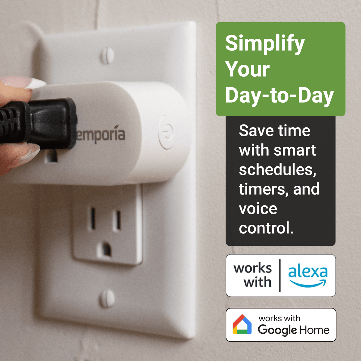 Emporia smart plug with energy monitoring being connected to a wall outlet for remote control and device management.