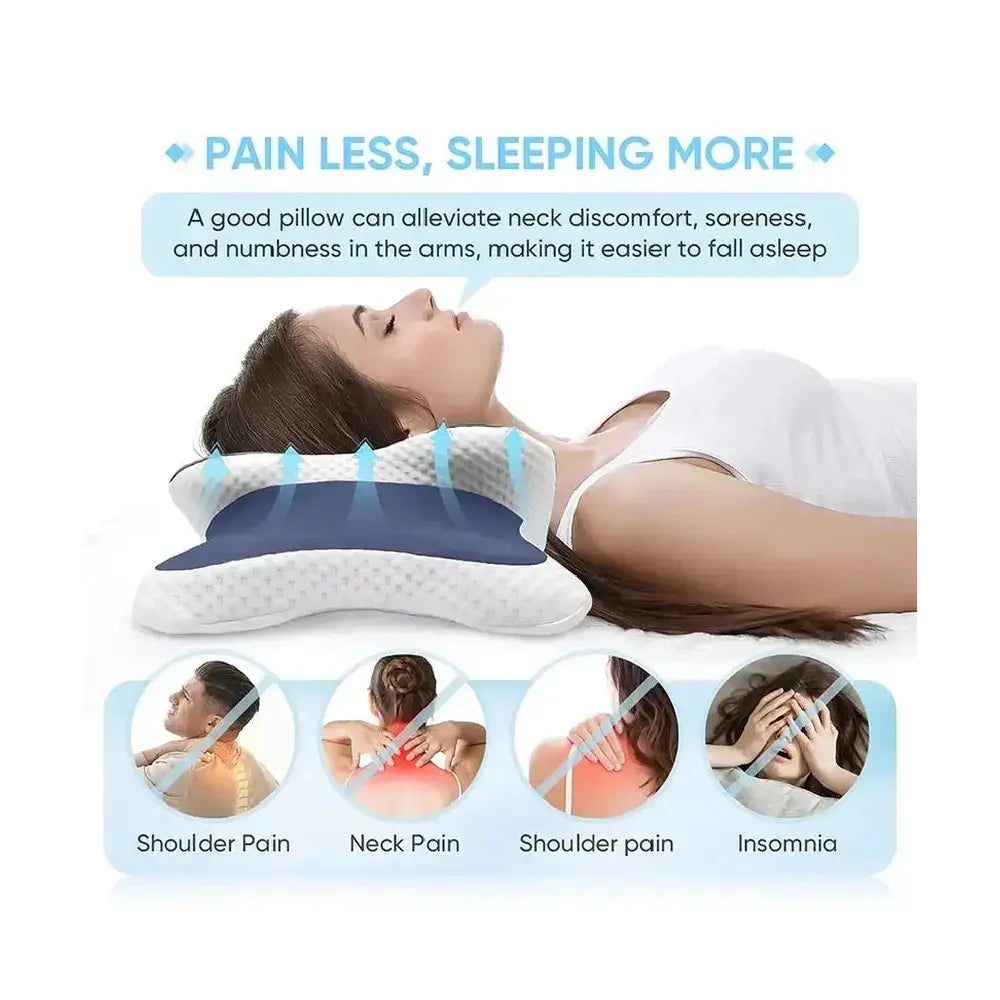 Contoured memory foam pillow dual height providing support for neck pain and improved sleep comfort.