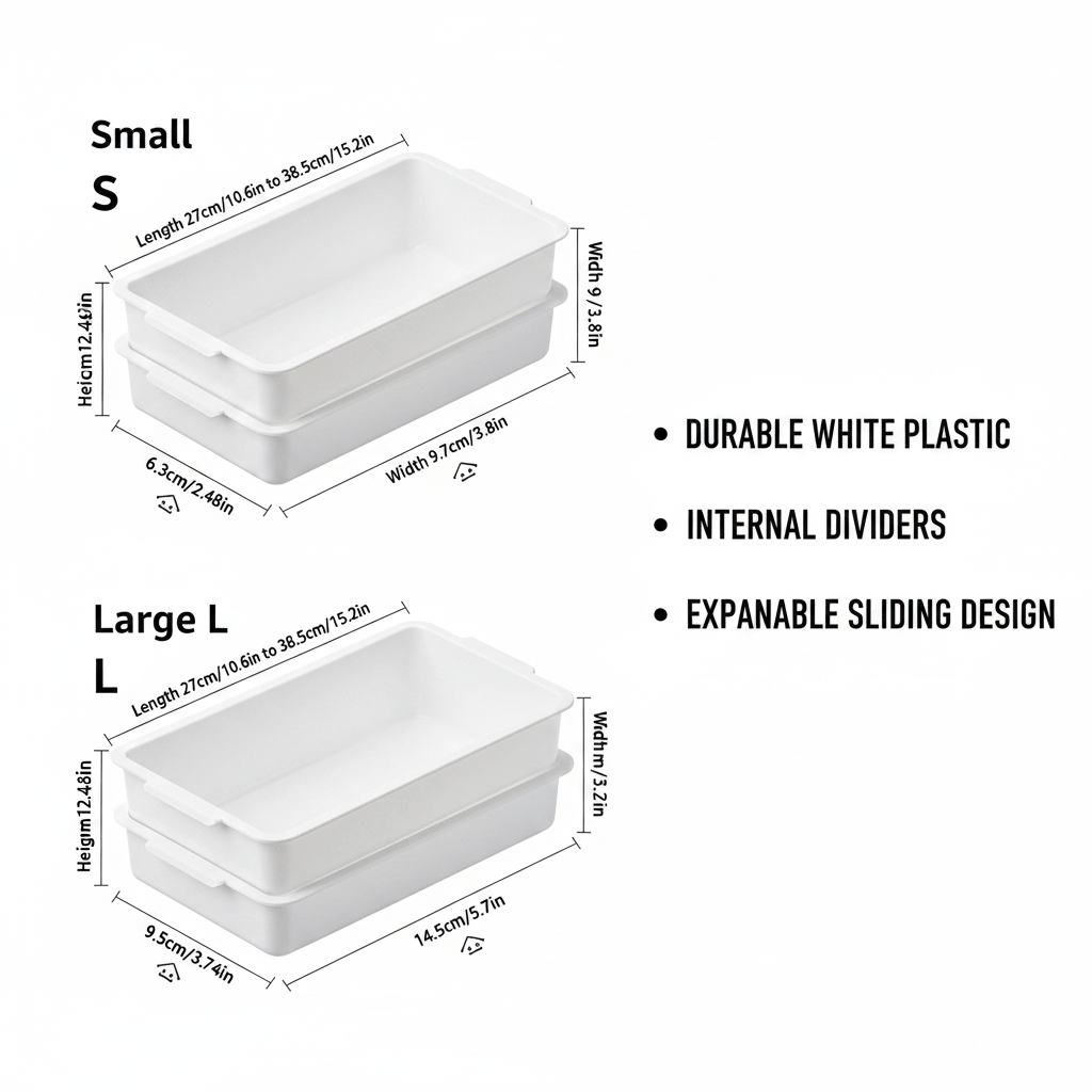 Expandable drawer organizer with dividers in small and large sizes, perfect for keeping items neatly separated.