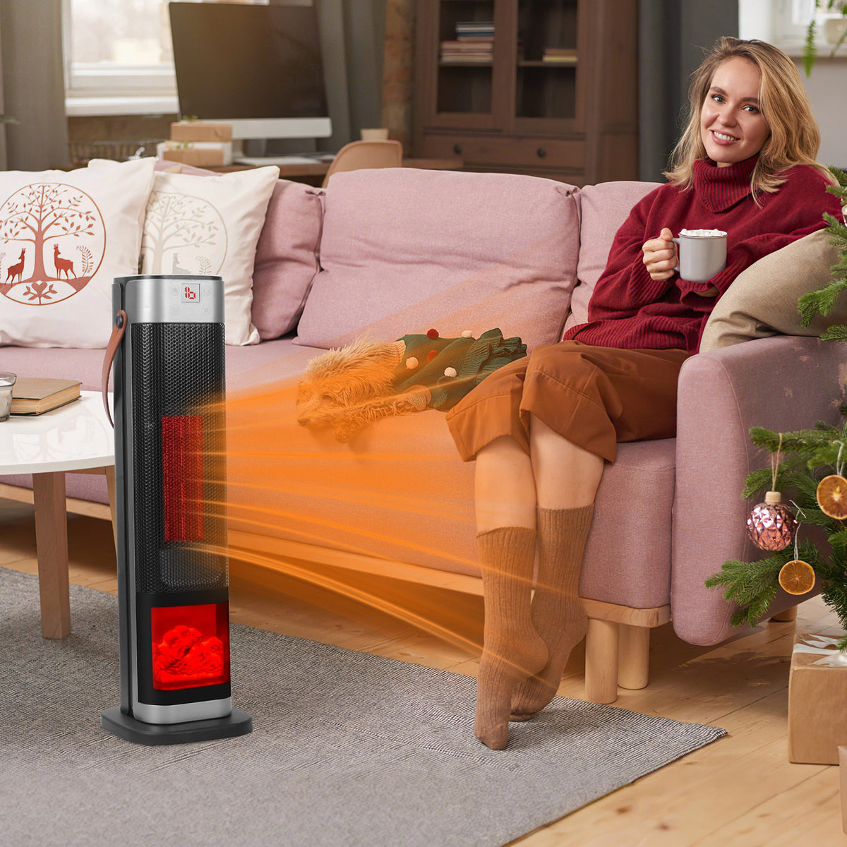 1500W ceramic tower heater with remote control featuring flame effect, warming woman on sofa