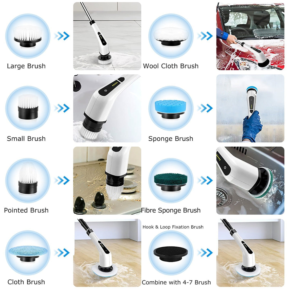 Electric spin scrubber with long handle showing 8 interchangeable brush heads for bathroom and floor cleaning