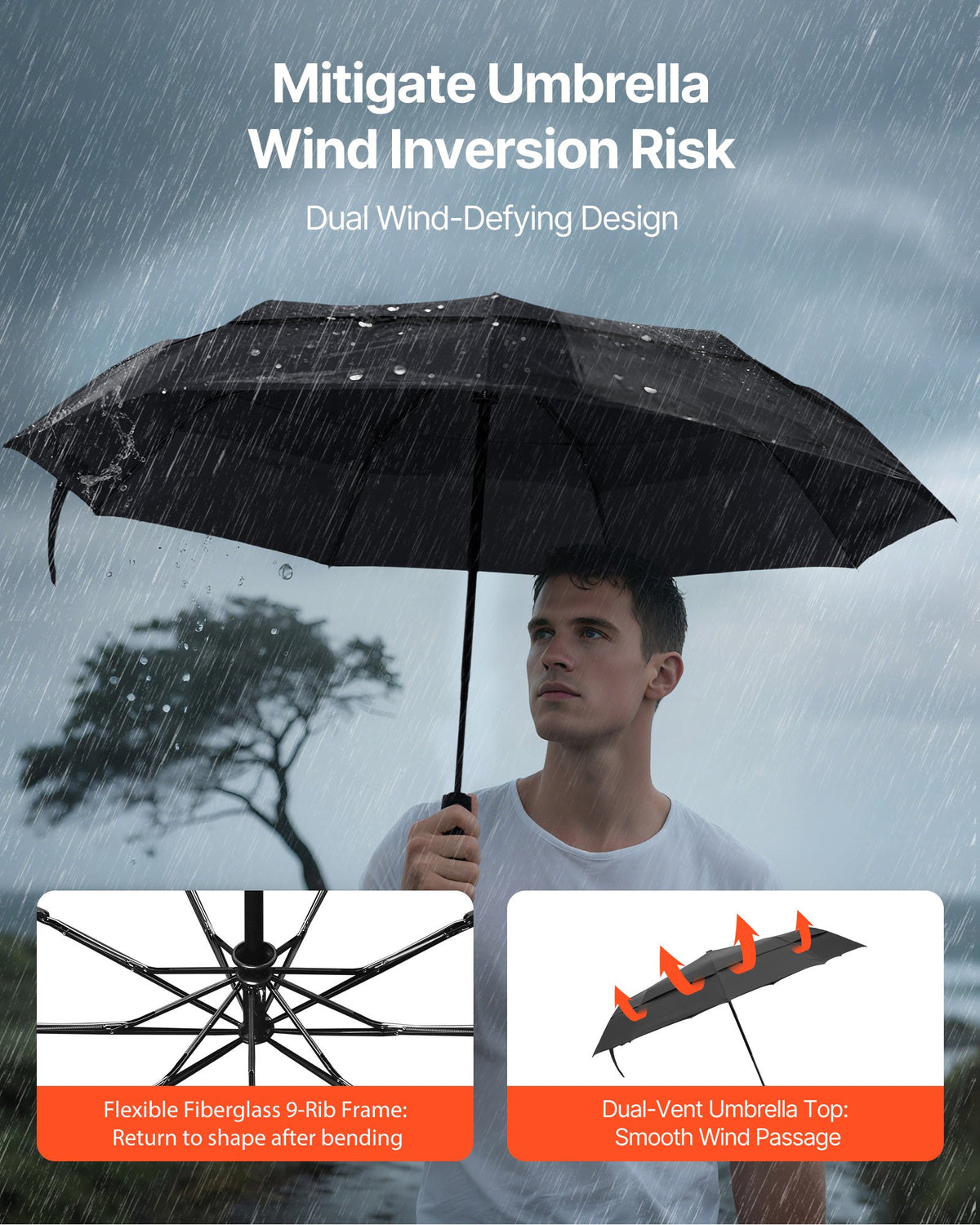 compact automatic travel umbrella with dual wind-defying design and flexible fiberglass 9-rib frame