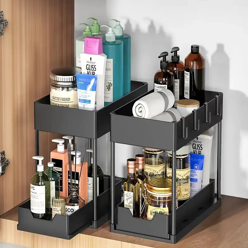 Pull-Out Under-Sink Storage Rack for easy access to kitchen and bathroom supplies, promoting organization and convenience.