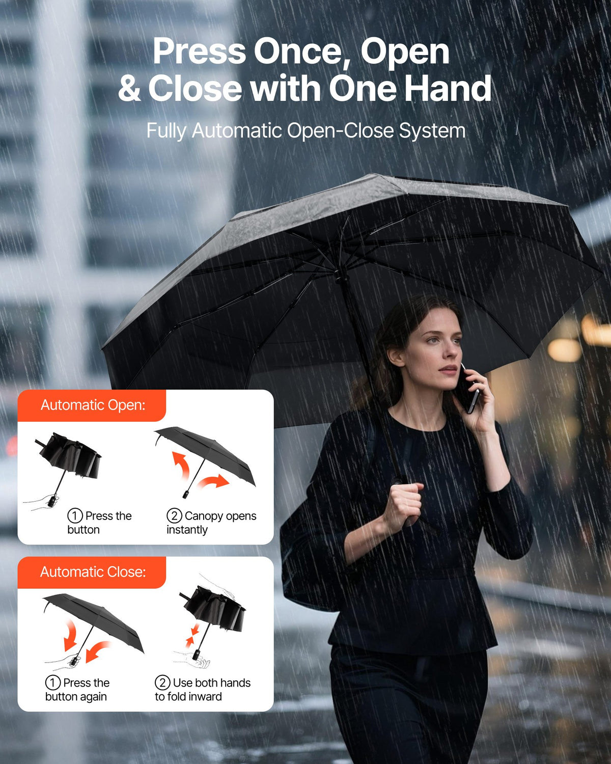 compact automatic travel umbrella with one-button open and close system demonstration in rain