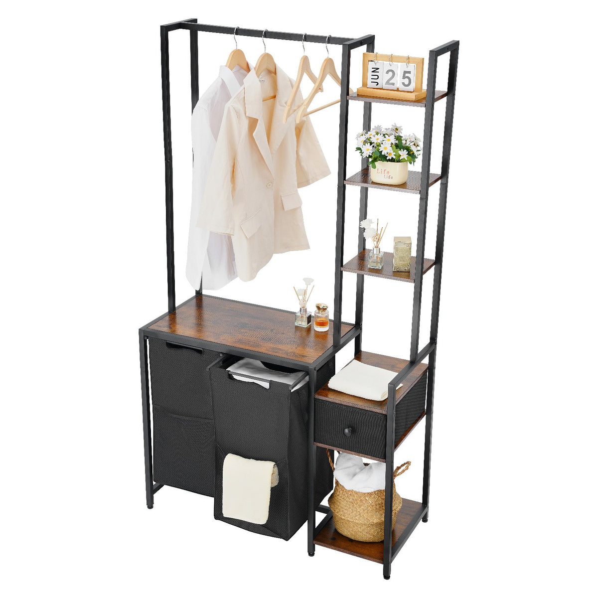 Multicolor laundry sorter with hanging rod, pull-out bags, shelves and wooden top in black