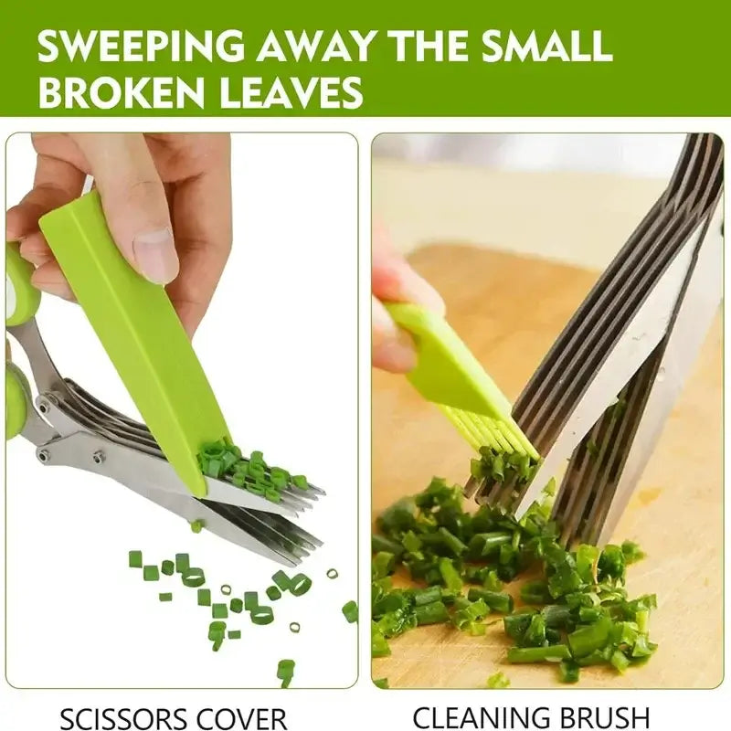 Five Blade Stainless Steel Herb Scissors with cleaning brush for easy herb cutting and maintenance.