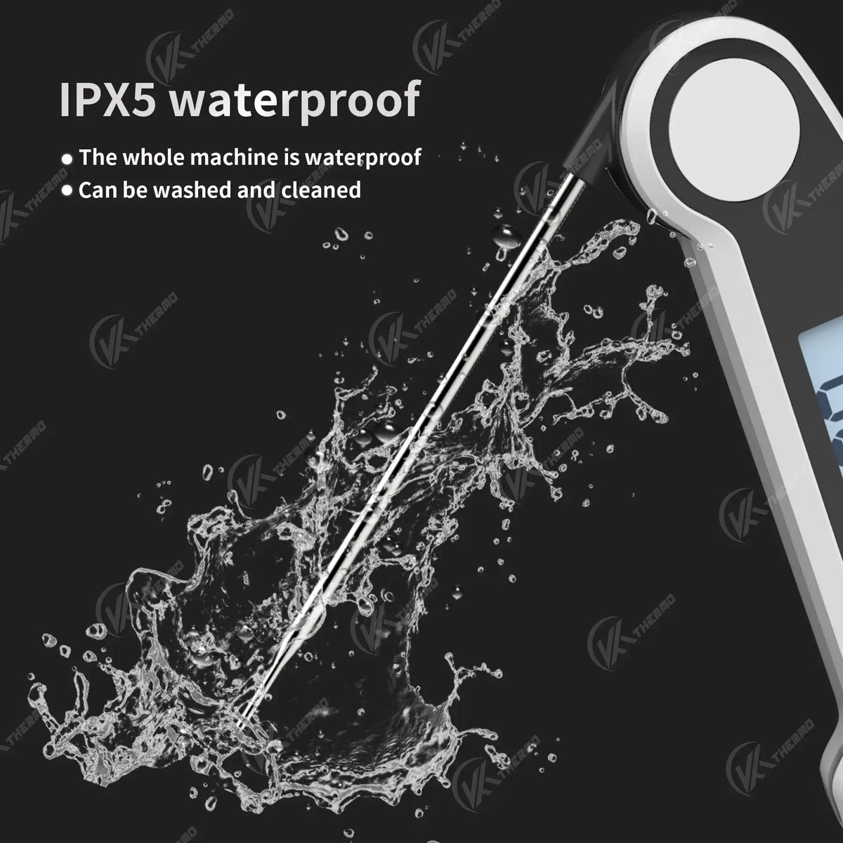 Foldable Probe Meat Thermometer showing IPX5 waterproof feature with water splashing around stainless-steel probe.