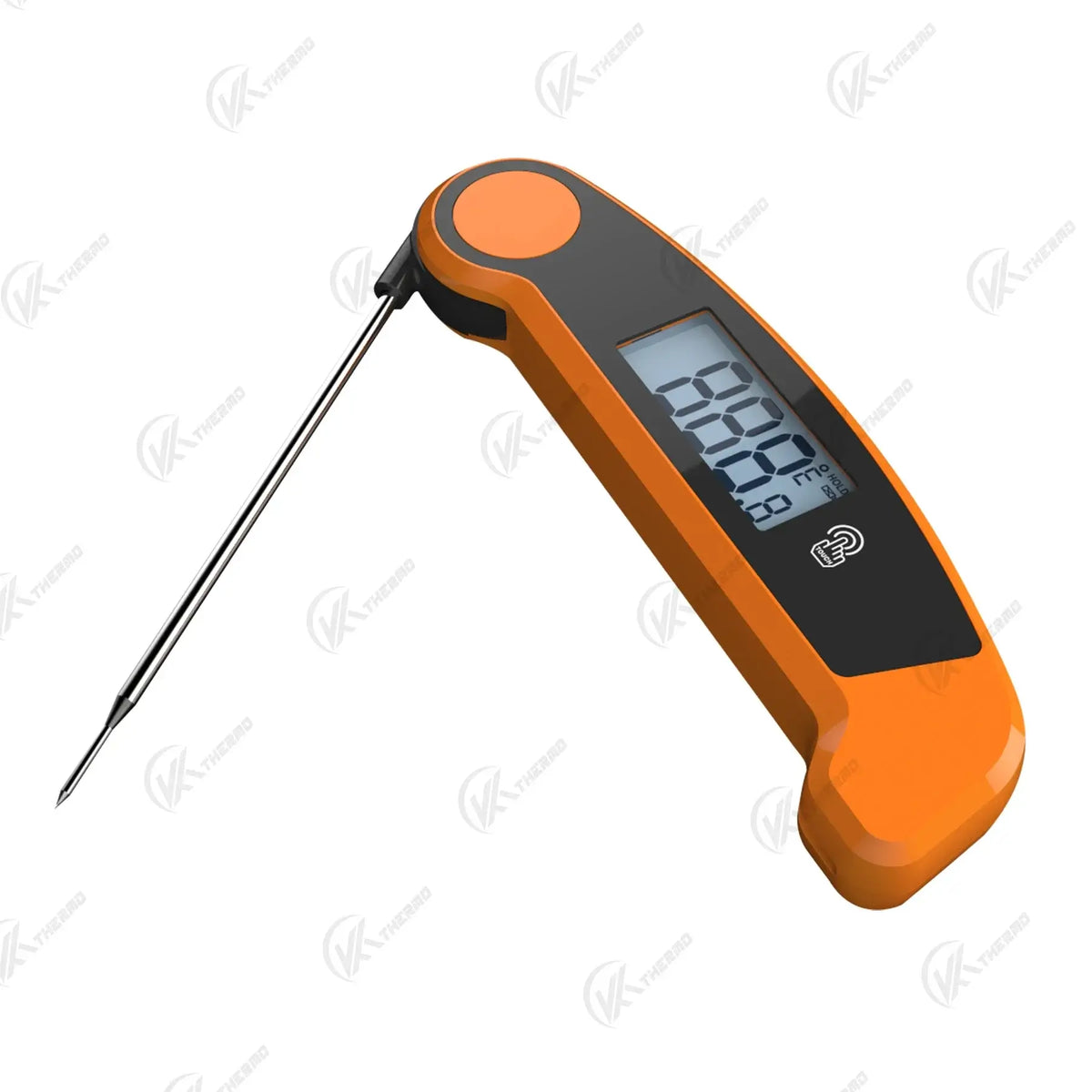 Foldable Probe Meat Thermometer in orange color with a foldable stainless-steel probe for quick and accurate temperature readings.