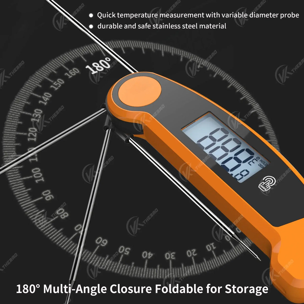 Foldable Probe Meat Thermometer showing quick temperature measurement with a durable stainless steel design.