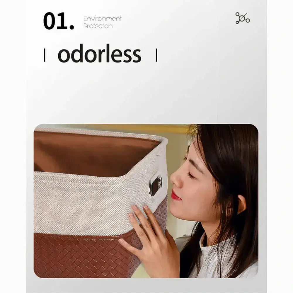 Woman inspecting an odorless foldable storage basket with metal frame, highlighting its environmental protection features.