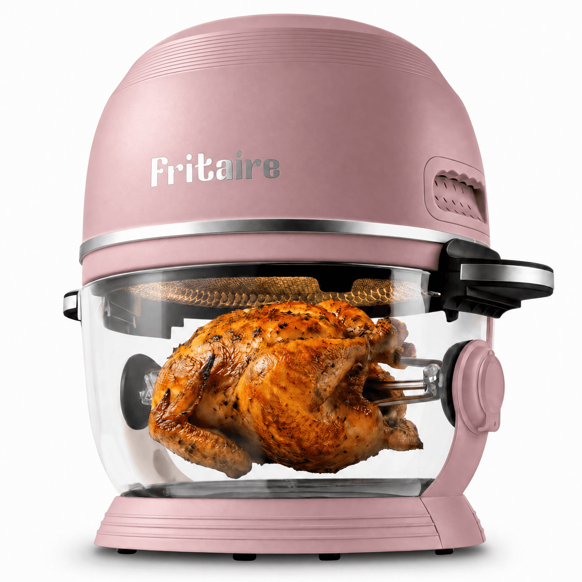 self-cleaning air fryer in mauve rose with glass bowl showing crispy rotisserie chicken cooked inside