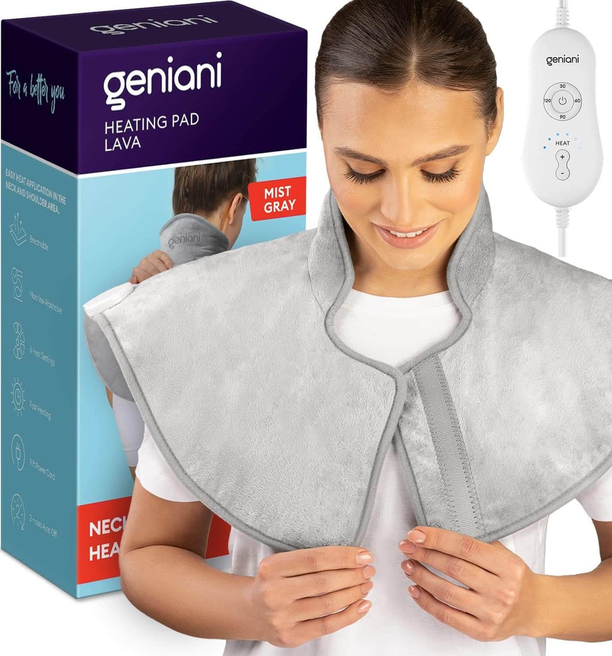 Geniani neck and shoulder heating wrap in Mist Gray with control unit and packaging