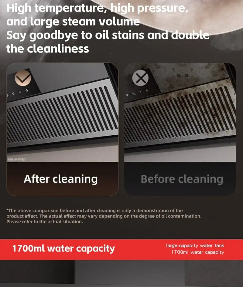Before and after cleaning comparison of a greasy surface using 1500W Handheld Steam Cleaner, 110V/220V, highlighting effectiveness.