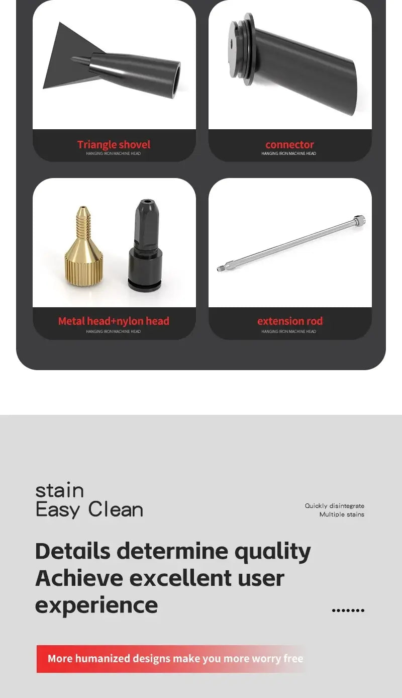 1500W Handheld Steam Cleaner, 110V/220V accessories including triangle shovel, connector, metal head, and extension rod.