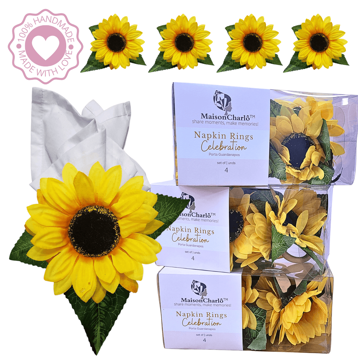 Set of four handmade sunflower napkin rings for summer tables and celebrations.
