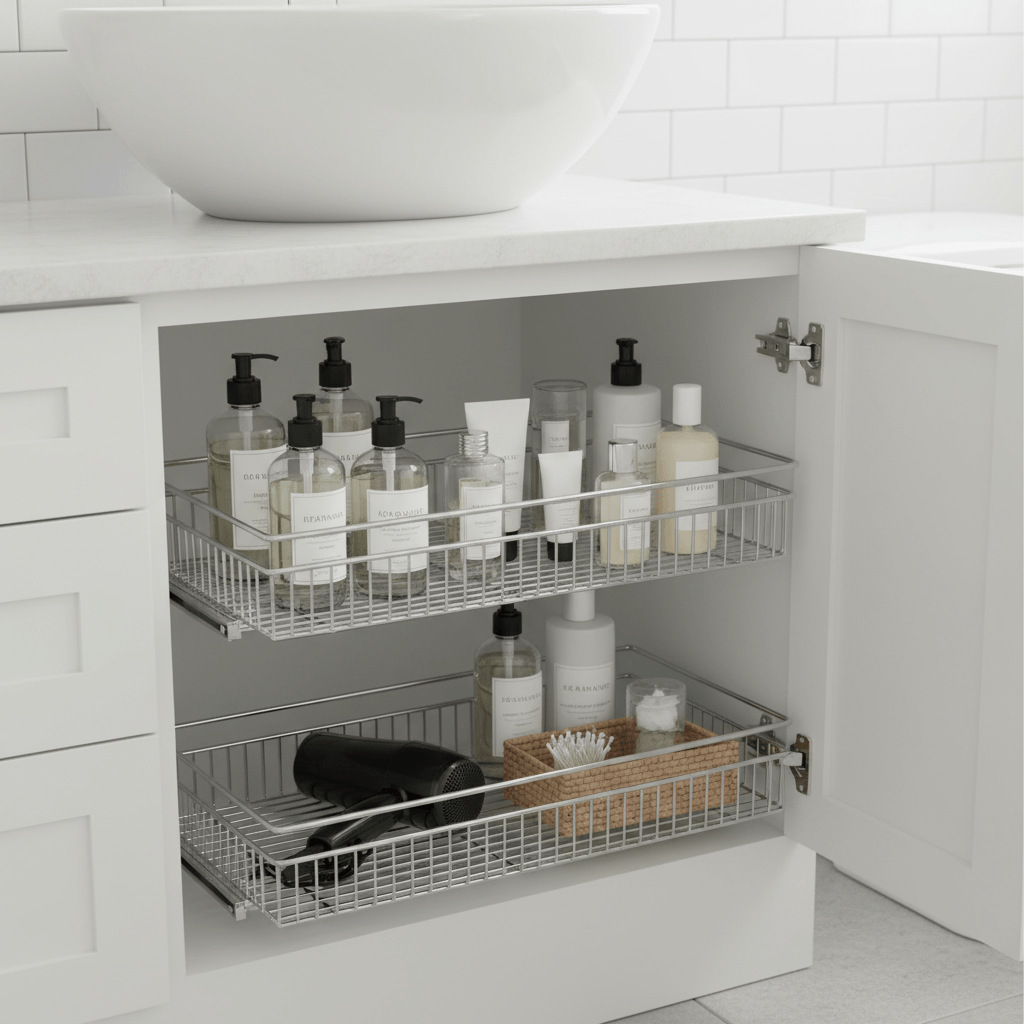 Pull-out cabinet organizer sliding rack with toiletries in a modern bathroom cabinet.
