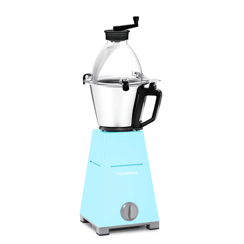 High-torque blender with two jars, one for smoothies and one for dry grinding, in ice blue.