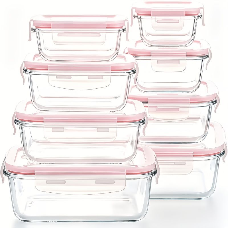 16-piece glass food storage containers with lids in pink, showing multiple rectangular glass containers with airtight pink lids stacked together