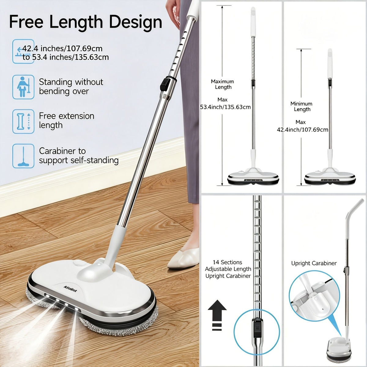 cordless electric spin mop with sprayer featuring adjustable length design and LED light for effortless floor cleaning