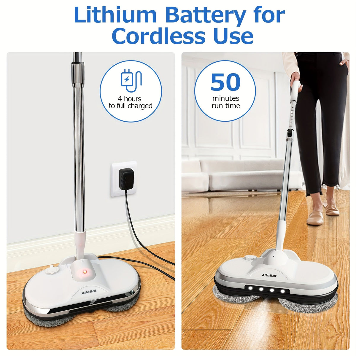 cordless electric spin mop with sprayer charging and in use on hardwood floors