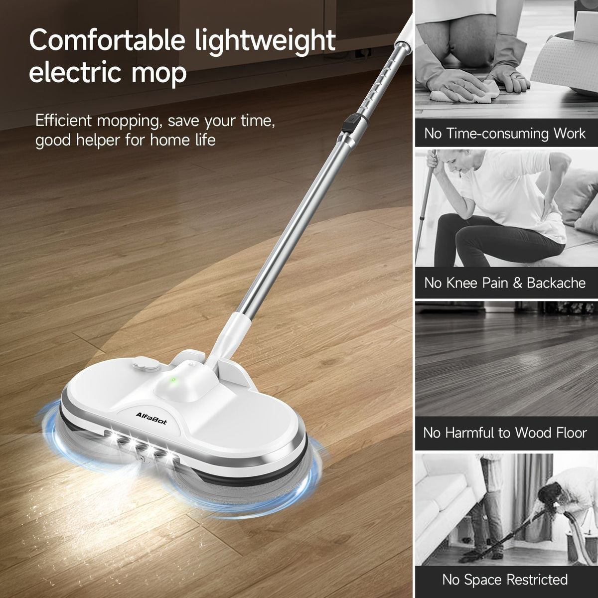 White cordless electric spin mop with sprayer and LED light cleaning hardwood floor effortlessly