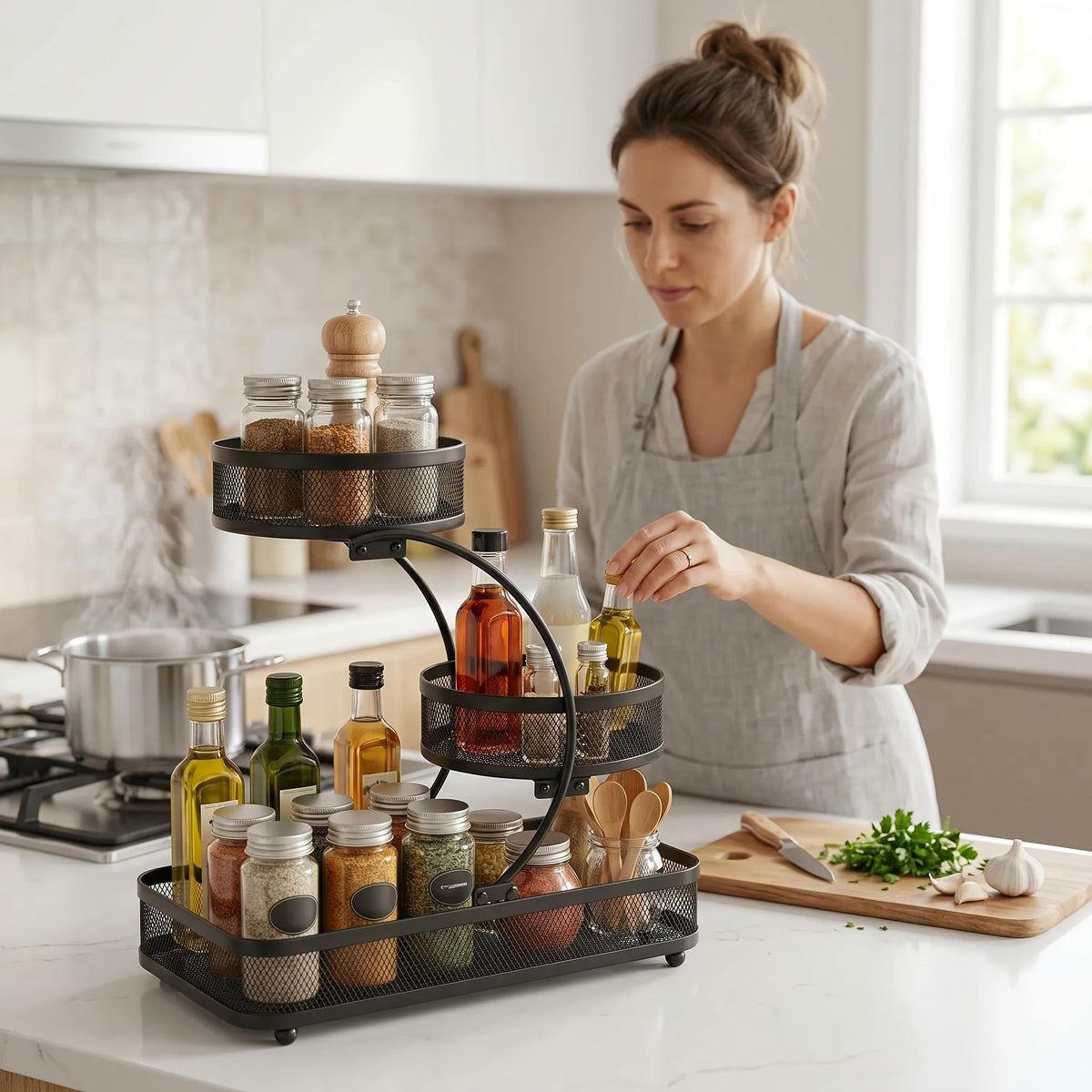 3-tier metal bathroom organizer with black mesh tiers storing jars, bottles, and kitchen items on bright countertop