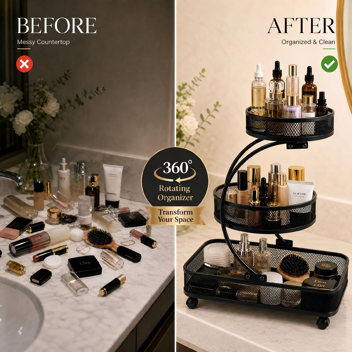 3-tier metal bathroom organizer transforms cluttered countertop into organized makeup and skincare storage with black mesh tiers and wheels