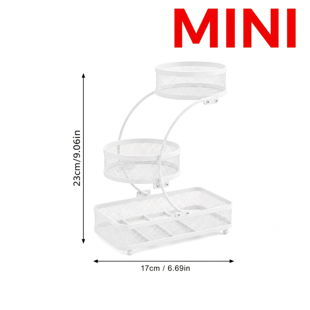 White 3-tier metal bathroom organizer with hooks, compact dimensions shown, perfect for small bathroom countertops