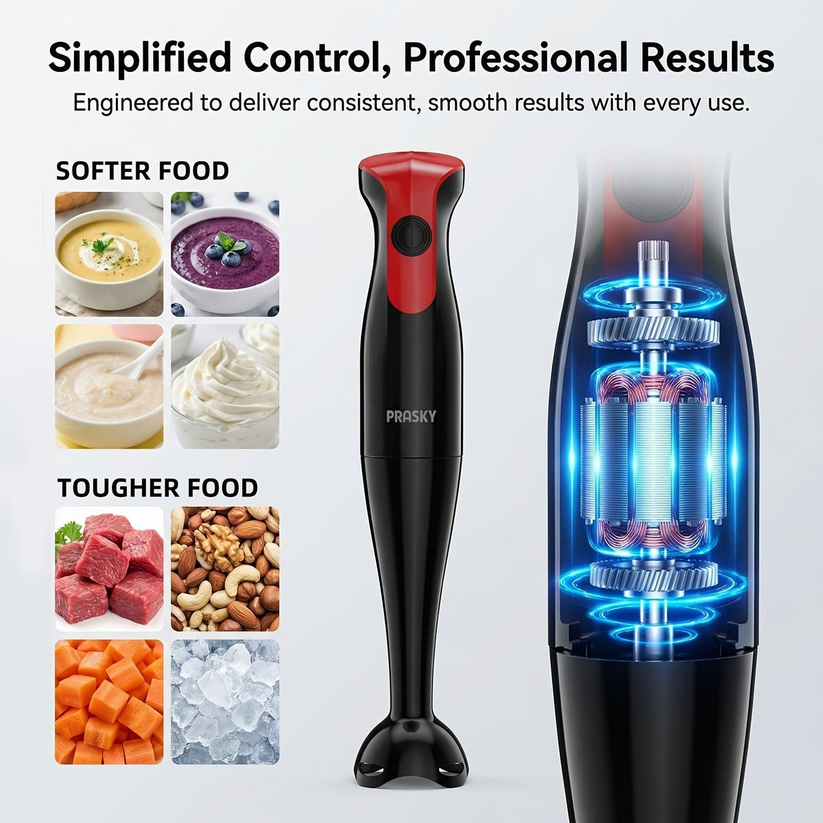 Red and black electric hand blender with detachable shaft shown with food examples and motor technology visualization
