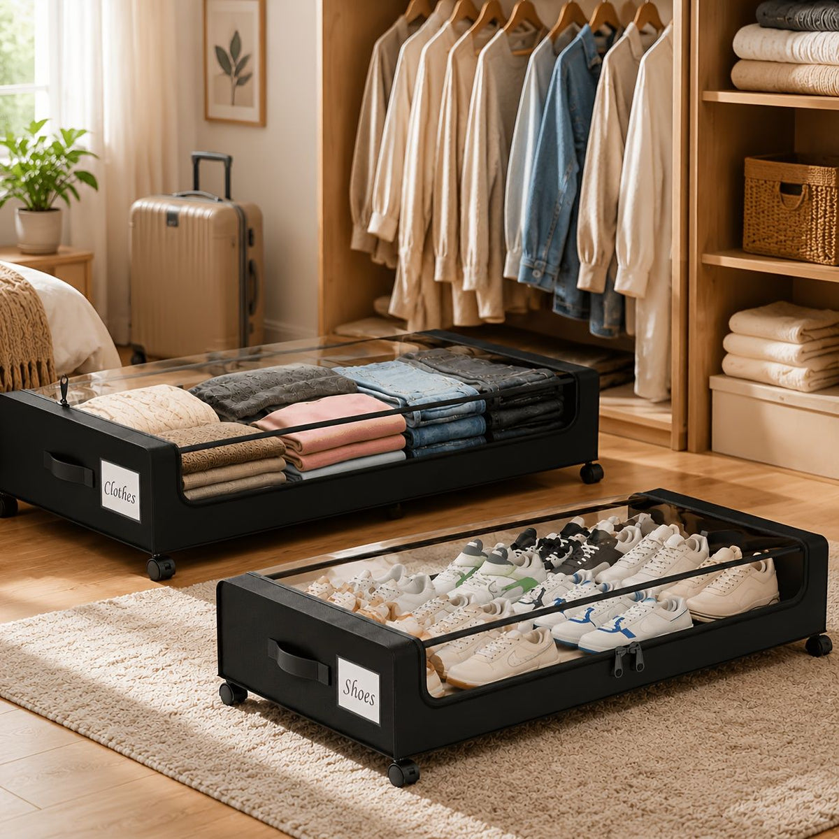 rolling under bed storage bins with wheels in black hold folded clothes and shoes