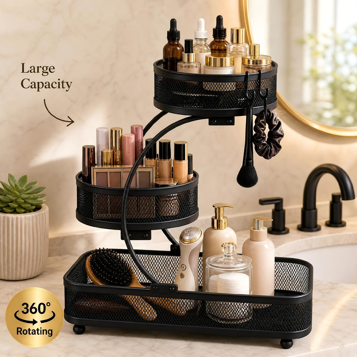 3-tier metal bathroom organizer in black mesh with hooks holding makeup, skincare bottles, and beauty tools on bathroom counter