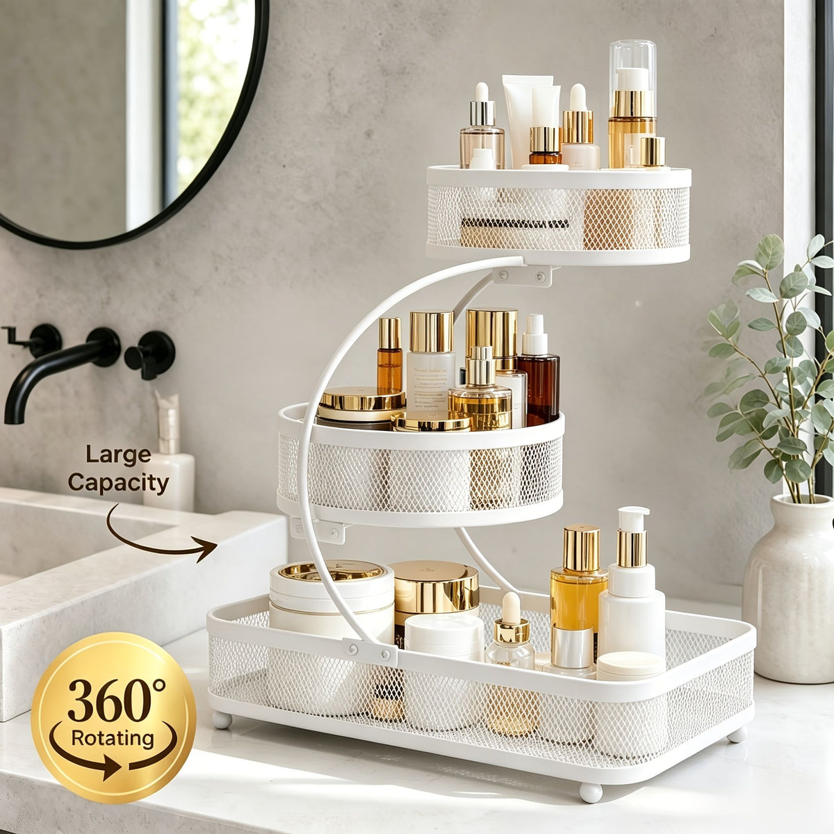 3-tier metal bathroom organizer in white with rotating base, holding makeup and skincare bottles on bathroom counter