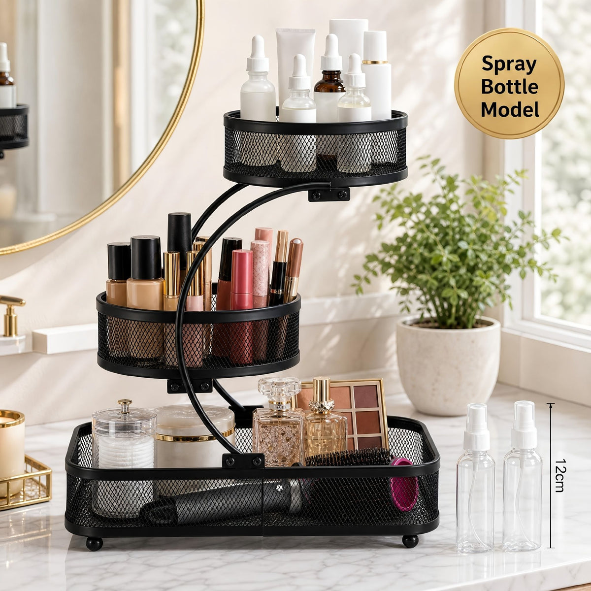 Black 3-tier metal bathroom organizer with hooks holding skincare, makeup, and spray bottles on bathroom counter