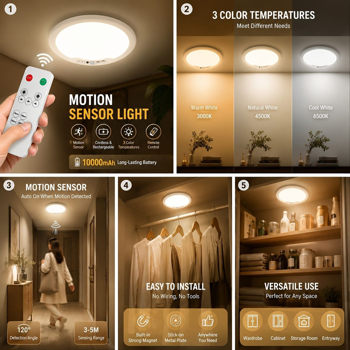 Rechargeable motion sensor LED ceiling light