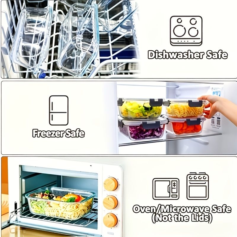 glass food storage containers with lids showing dishwasher safe, freezer safe, and microwave oven safe features