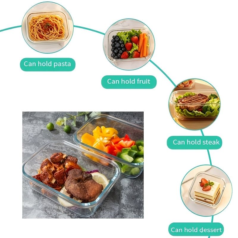 glass food storage containers with lids holding pasta, vegetables, steak and dessert in various sizes