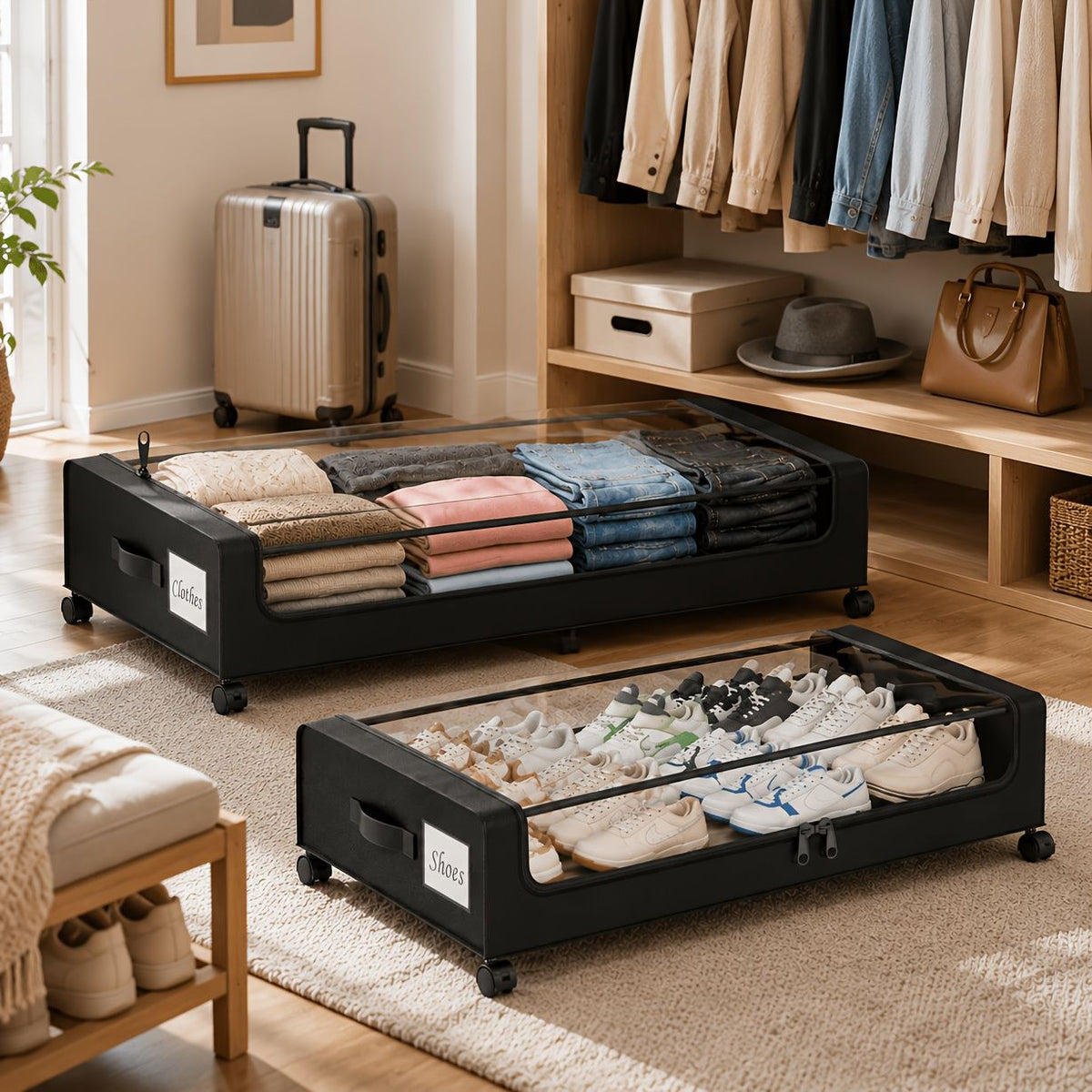 rolling under bed storage bins with wheels in black, filled with folded clothing and shoes in bedroom setting