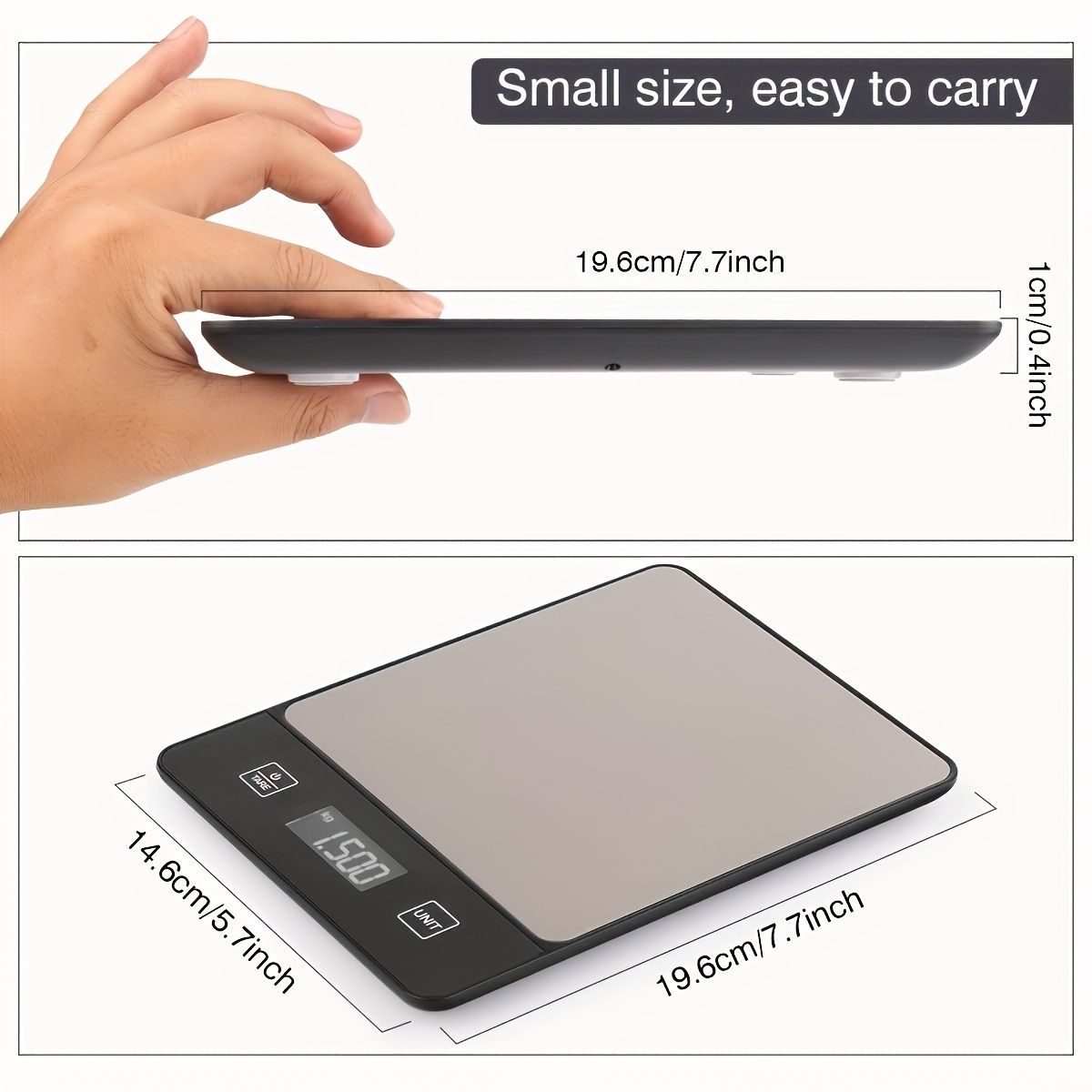 Digital kitchen scale 22 lb with compact size held in hand, stainless steel surface and digital display