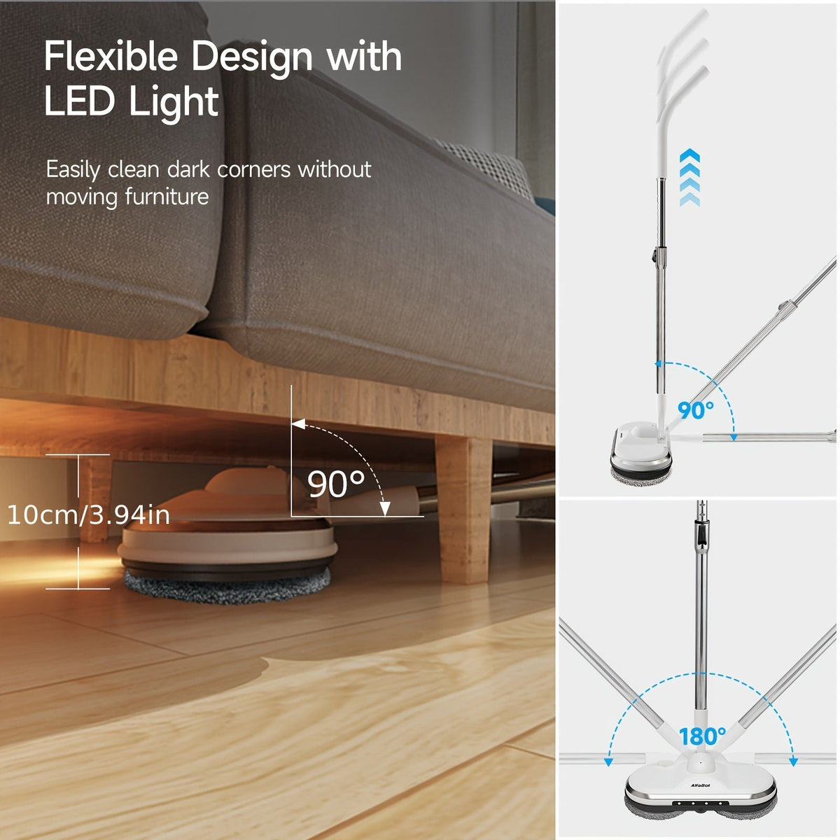 Cordless electric spin mop with sprayer featuring flexible 90-180 degree design and LED light for cleaning under furniture