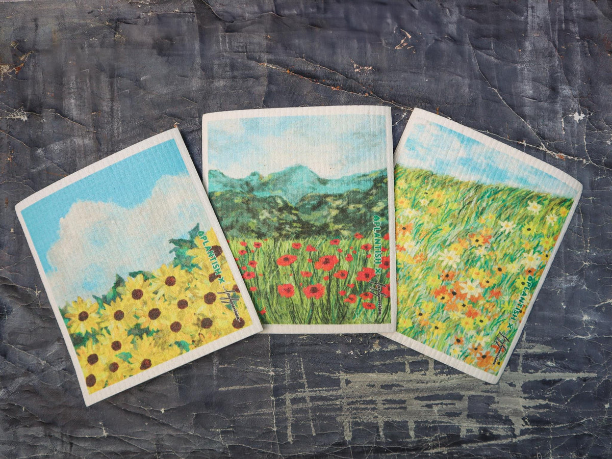 Swedish sponge cloth set in Poppy Flower, Tickseed, and Light Worker patterns