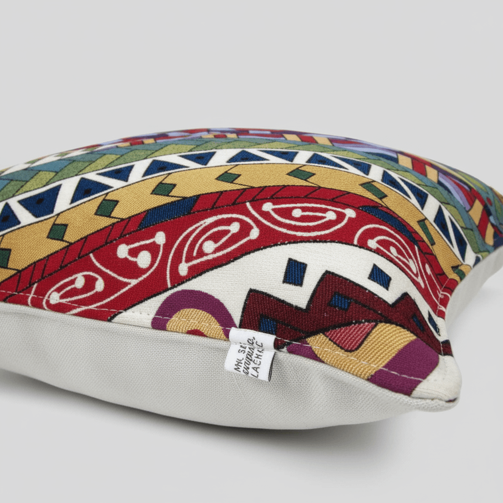 Close-up of the multicolor geometric weave on the Turkish pillow cover.