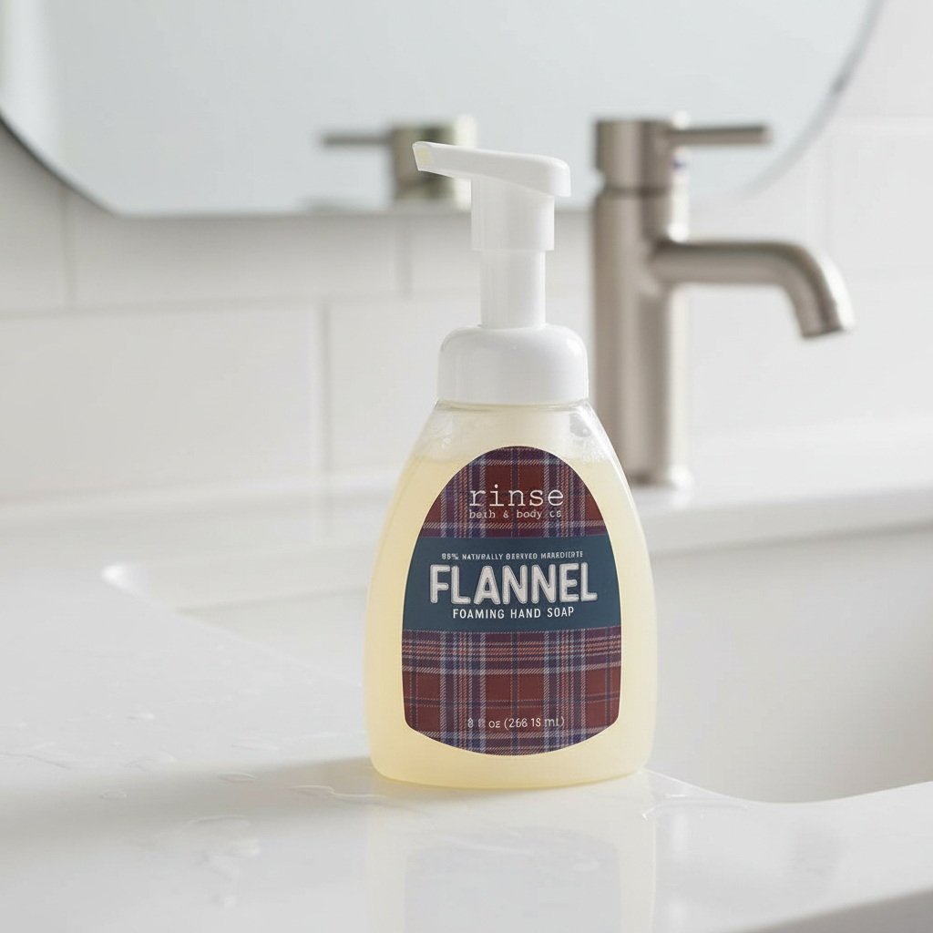 Close-up of the flannel foaming hand soap pump dispenser.