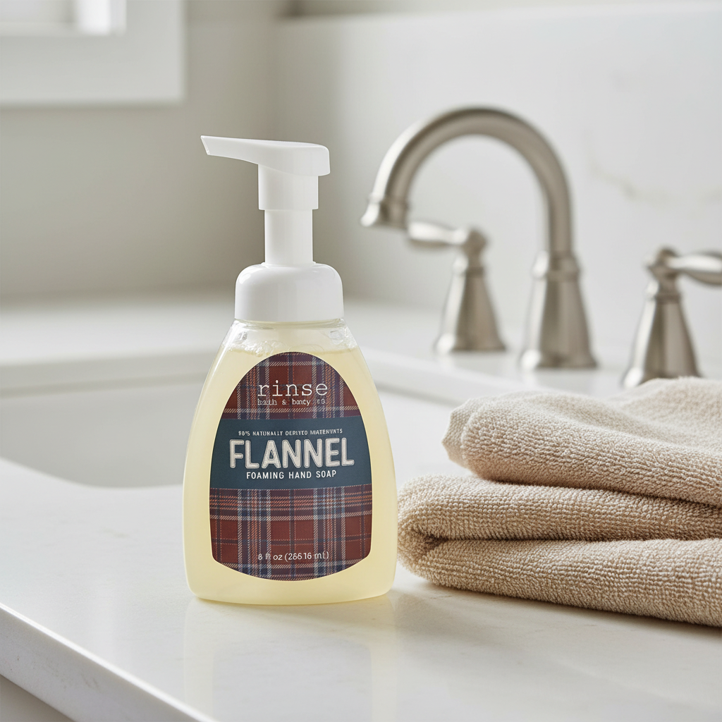 Flannel foaming hand soap displayed on a bathroom sink.