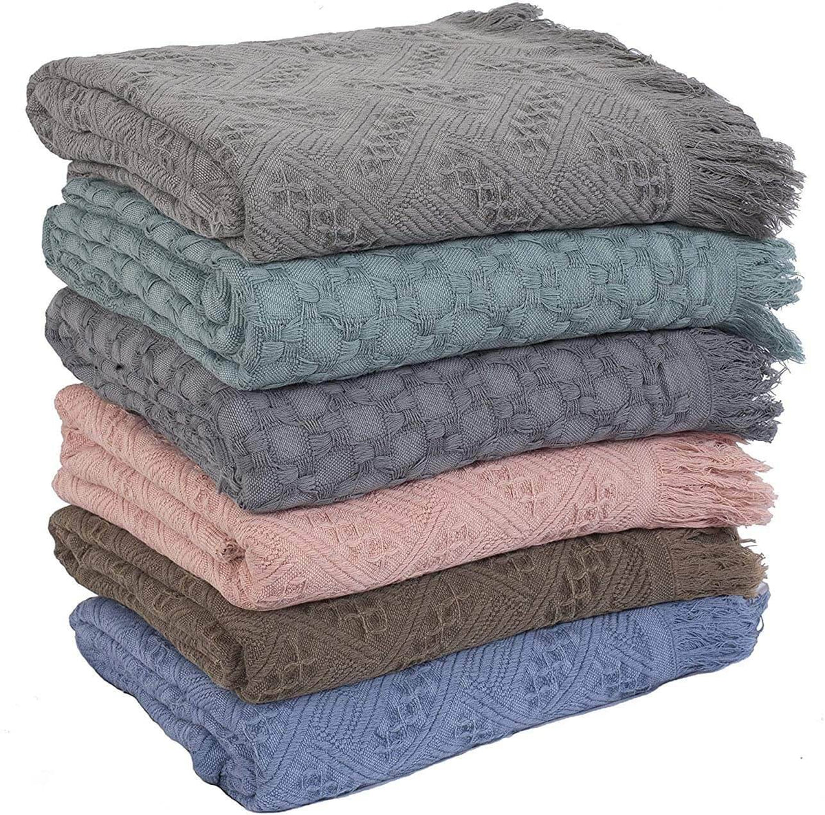 Kasentex 100% cotton knit throw blanket in multiple colors stacked, 60 x 50 inches