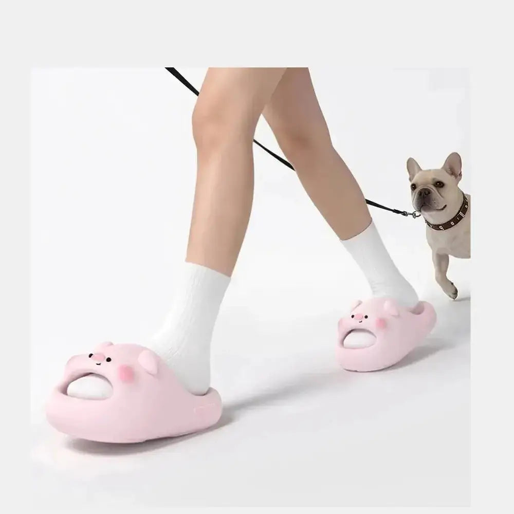 Kawaii animal print cloud slippers worn while walking a dog.