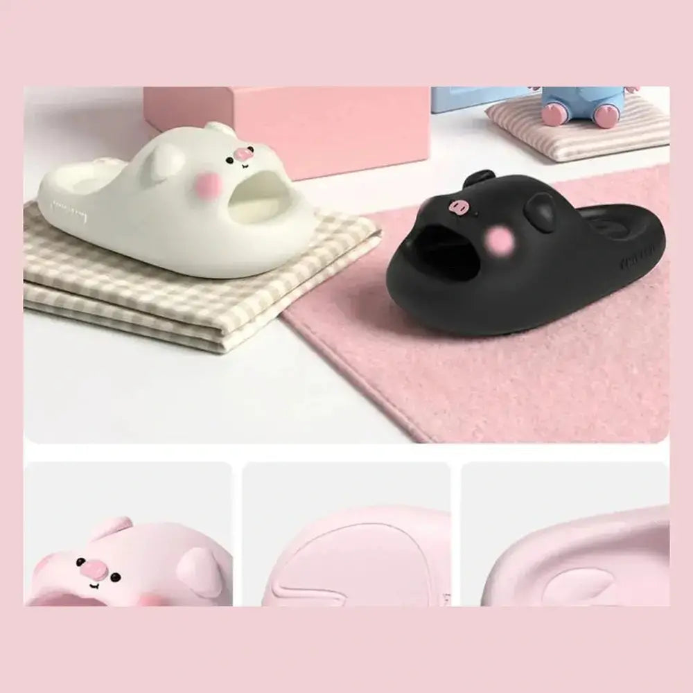 Kawaii animal print cloud slippers shown in assorted animal designs side by side.