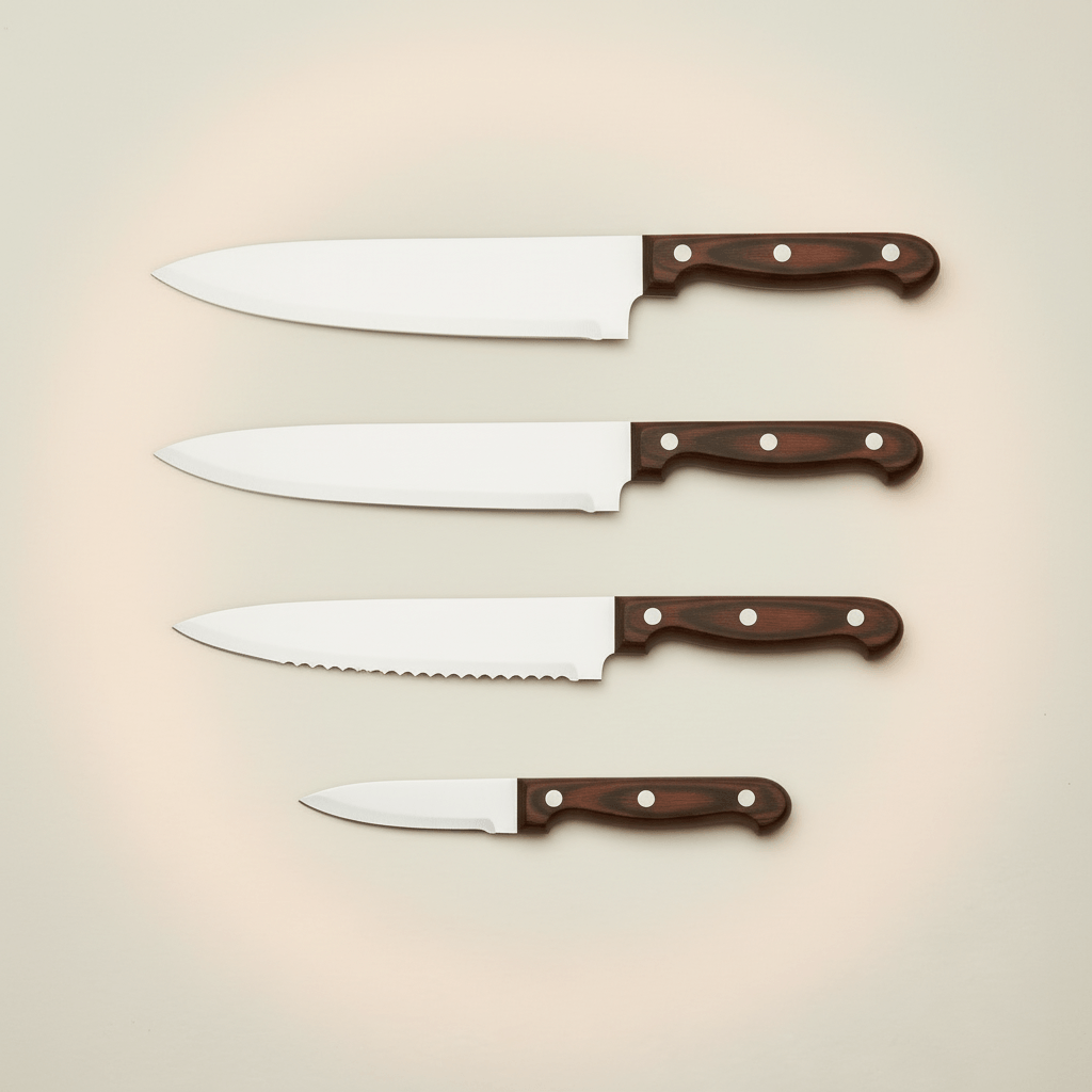 4-piece kitchen knife set featuring chef, bread, utility, and paring knives for versatile kitchen preparation.