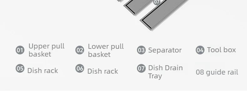 Pull-Out Cabinet Organizer with Sliding Baskets, 600–800 mm components, including baskets and dish rack.