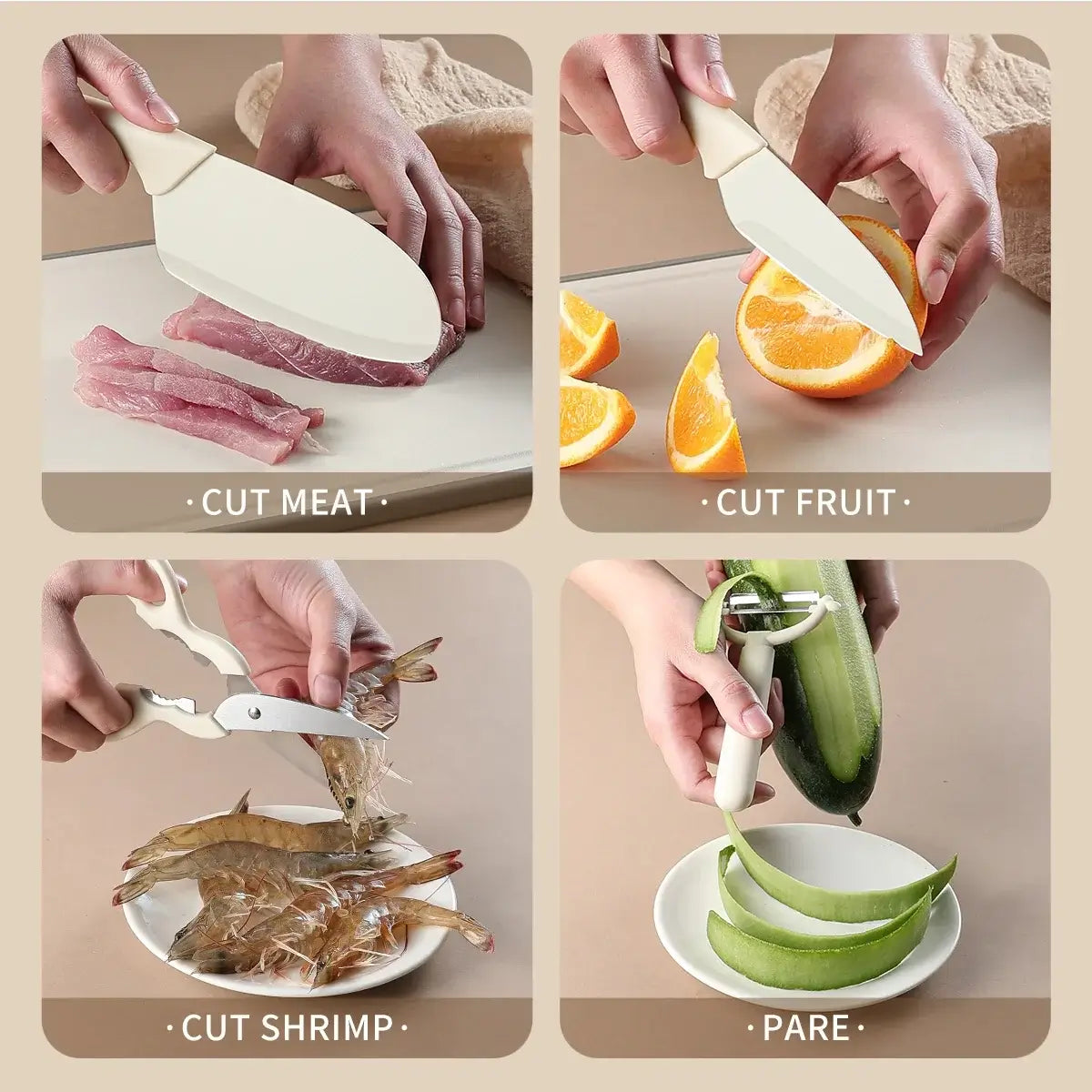 Versatile kitchen prep with 5-piece kitchen knife set with scissors for cutting meat, fruit, shrimp, and peeling vegetables.