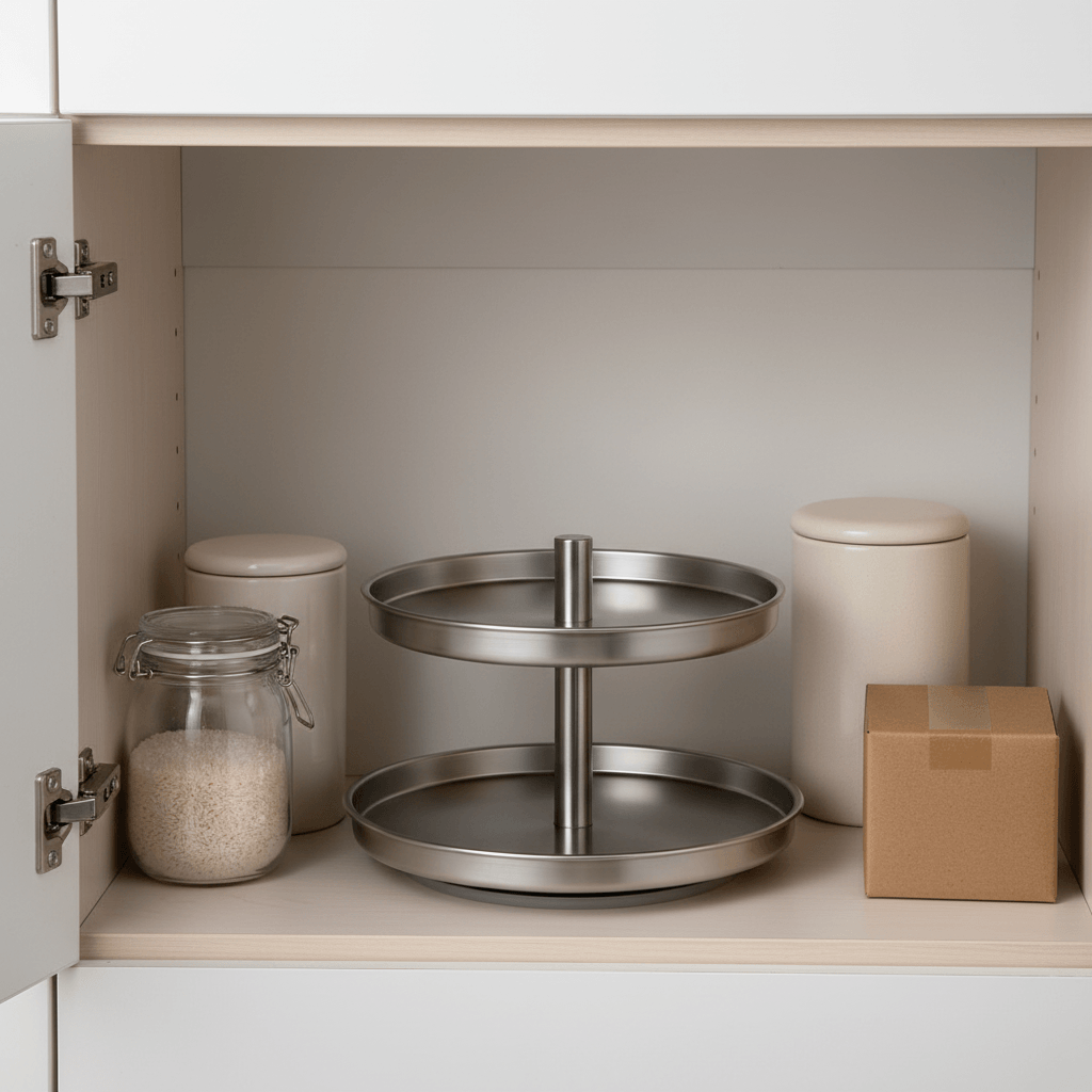 Organize your kitchen with a stainless steel lazy susan organizer, perfect for spices and condiments in a cabinet.